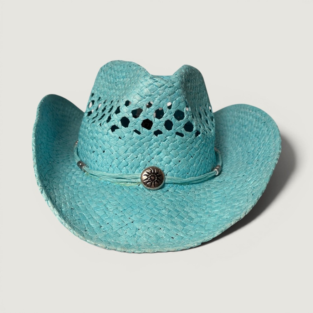 Milani Turquoise Blue Straw Cowboy Hat Western Sunburst Concho ST-033